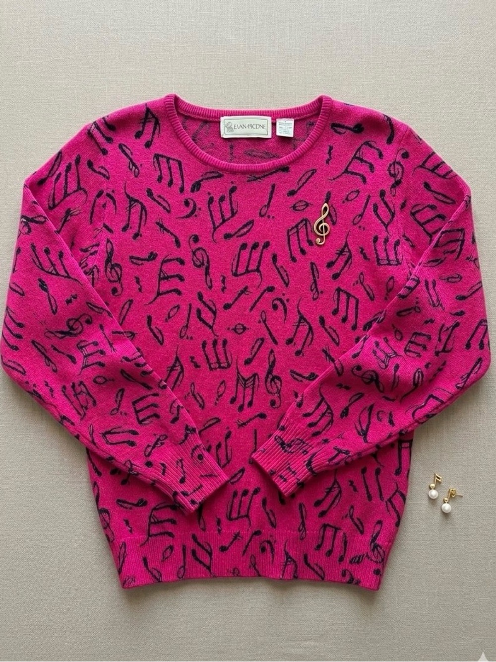 Evan Picone Fuchsia Pink Wool Angora Sweater Notes Music Artsy Funky S Vintage